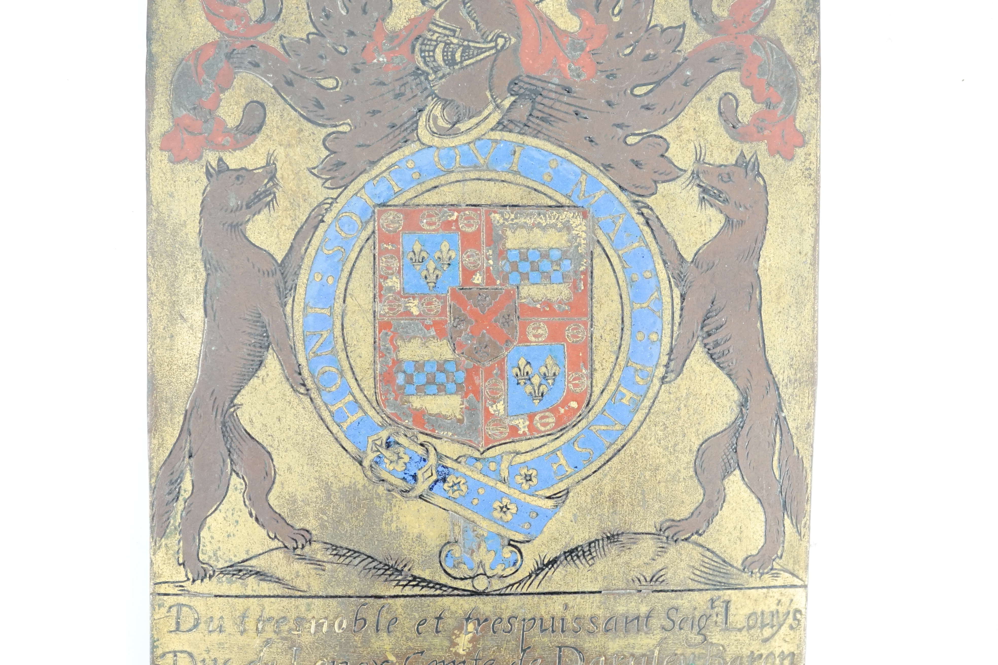 A James I enamelled brass garter stall plate, dated 1603 with the arms of Esmé Stewart, 3rd Duke of Lennox (1579-1624)